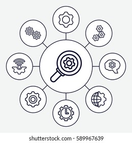 gears icons set. Set of 9 gears outline icons such as clock in gear
