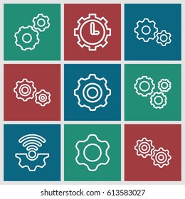 Gears icons set. set of 9 gears outline icons such as gear