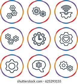Gears icons set. set of 9 gears outline icons such as heart in gear