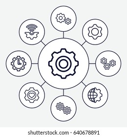 Gears icons set. set of 9 gears outline icons such as heart in gear