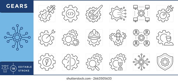 Gears icons set. Setting and setups related icons set. Vector editable stroke.