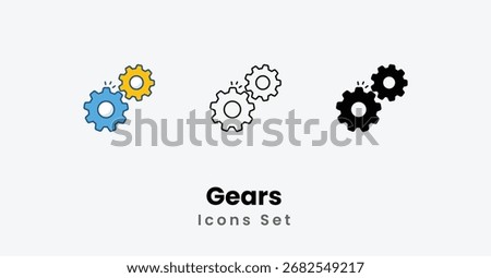 Gears Icons thin line, Black Glyph, Colored Line vector icon stock illustration