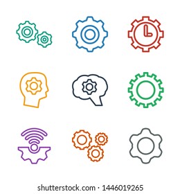 gears icons. Trendy 9 gears icons. Contain icons such as gear, gear connection, gear in head, clock in gear. gears icon for web and mobile.