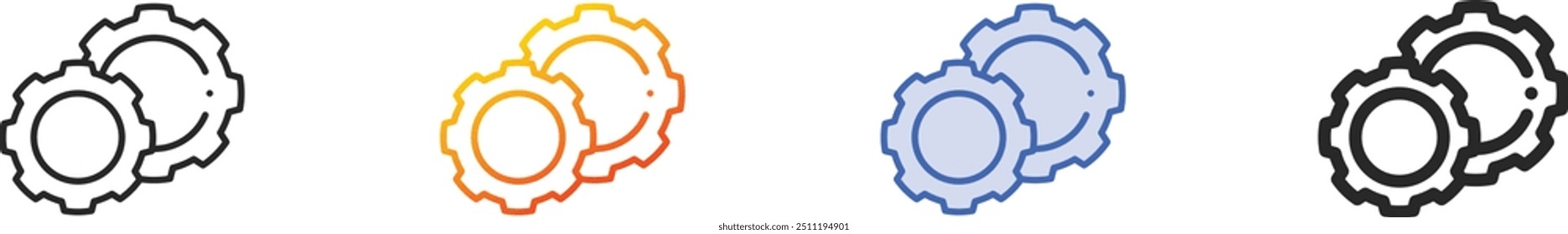 icono de engranajes. Diseño lineal delgado, degradado, trazo azul y estilo audaz aislado sobre fondo blanco