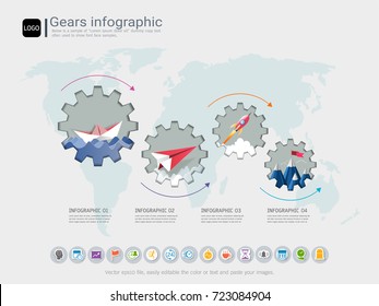 Gears infographic template for business presentation, Strategic plan to define company values, Can be used for scheduling in project management to mark specific points along a project timeline.
