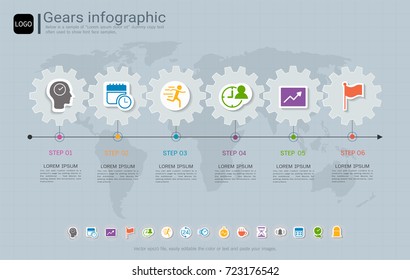 Gears infographic template for business presentation, Strategic plan to define company values, Can be used for scheduling in project management to mark specific points along a project timeline.