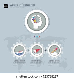 Gears infographic template for business presentation, Strategic plan to define company values, Can be used for scheduling in project management to mark specific points along a project timeline.