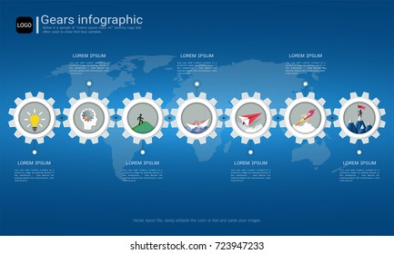 Gears infographic template for business presentation, Strategic plan to define company values, Can be used for scheduling in project management to mark specific points along a project timeline.