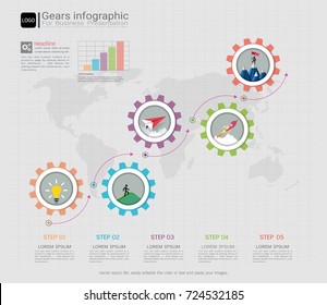 Gears Infographic Template For Business Presentation, Strategic Plan To Define Company Values, Can Be Used For Scheduling In Project Management To Mark Specific Points Along A Project Timeline.