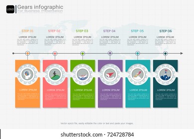 Gears infographic template for business presentation, Strategic plan to define company values, Can be used for scheduling in project management to mark specific points along a project timeline.