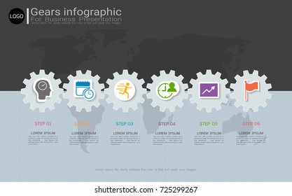 Gears infographic template for business presentation, Strategic plan to define company values, Can be used for scheduling in project management to mark specific points along a project timeline.