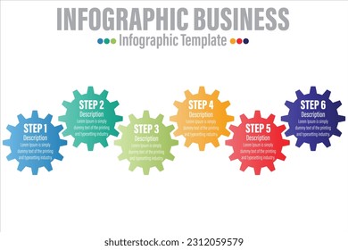 Infografía de engranajes. Componentes mecánicos del motor engranajes gráficos de presentación iconos en Seis 6 pasos, banner de información de progreso del negocio, concepto vectorial