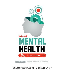 Engrenagens dentro de uma cabeça simbolizando funções cerebrais e saúde mental. Dia Mundial da Saúde Mental, 10 de outubro, promove a conscientização e o apoio ao bem-estar mental.