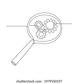 Gears inside Magnifying glass in continuous line drawing. Concept of Business analysis and engine optimization in outline style. Used for logo, emblem, web banner, presentation. Vector Illustration