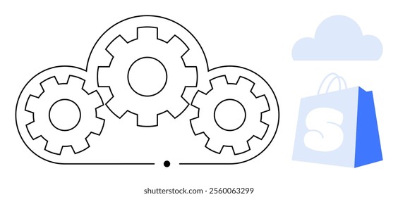 Gears integrated within a cloud symbol, alongside a blue shopping bag and a cloud icon. Ideal for e-commerce, cloud computing, technology integration, online shopping, and digital solutions