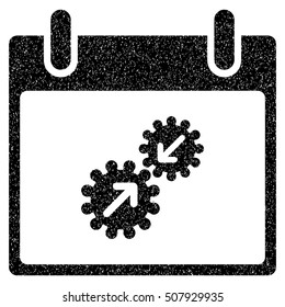 Gears Integration Calendar Day grainy textured icon for overlay watermark stamps. Flat symbol with dirty texture. Dotted vector black ink rubber seal stamp with grunge design on a white background.