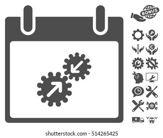 Gears Integration Calendar Day icon with bonus setup tools images. Vector illustration style is flat iconic symbols, gray, white background.