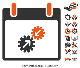 Gears Integration Calendar Day icon with bonus setup tools pictograph collection. Vector illustration style is flat iconic symbols, orange and gray, white background.