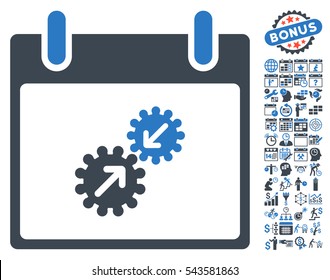 Gears Integration Calendar Day icon with bonus calendar and time management images. Vector illustration style is flat iconic symbols, smooth blue, white background.