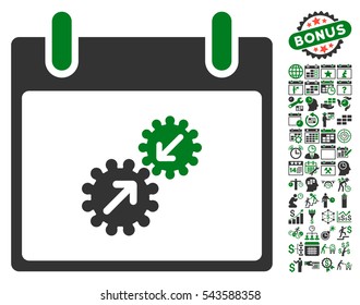 Gears Integration Calendar Day icon with bonus calendar and time management graphic icons. Vector illustration style is flat iconic symbols, green and gray, white background.