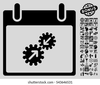 Gears Integration Calendar Day icon with bonus calendar and time management graphic icons. Vector illustration style is flat iconic symbols, black, light gray background.