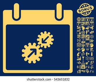 Gears Integration Calendar Day icon with bonus calendar and time management graphic icons. Vector illustration style is flat iconic symbols, yellow, blue background.