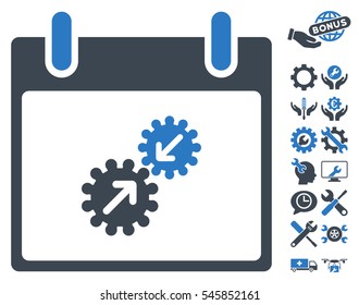 Gears Integration Calendar Day icon with bonus settings images. Vector illustration style is flat iconic symbols, smooth blue, white background.