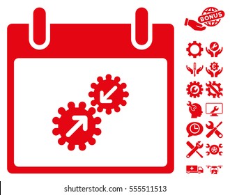 Gears Integration Calendar Day icon with bonus options symbols. Vector illustration style is flat iconic symbols, red, white background.