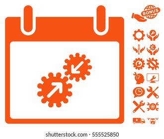 Gears Integration Calendar Day icon with bonus settings graphic icons. Vector illustration style is flat iconic symbols, orange, white background.