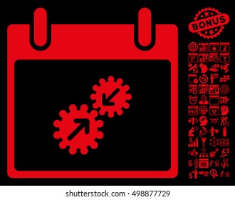 Gears Integration Calendar Day pictograph with bonus calendar and time management icon set. Vector illustration style is flat iconic symbols, red, black background.