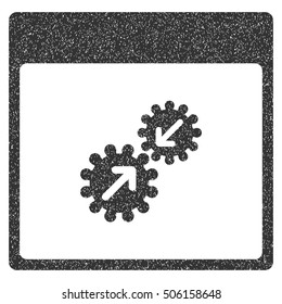 Gears Integration Calendar Page grainy textured icon for overlay watermark stamps. Flat symbol with dust texture. Dotted vector gray ink rubber seal stamp with grunge design on a white background.