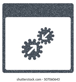 Gears Integration Calendar Page grainy textured icon for overlay watermark stamps. Flat symbol with unclean texture.