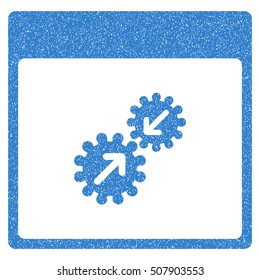 Gears Integration Calendar Page grainy textured icon for overlay watermark stamps. Flat symbol with dust texture. Dotted vector cobalt ink rubber seal stamp with grunge design on a white background.