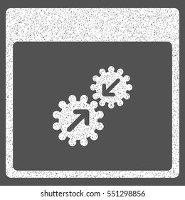 Gears Integration Calendar Page grainy textured icon for overlay watermark stamps. Flat symbol with dust texture. Dotted vector white ink rubber seal stamp with grunge design on a gray background.