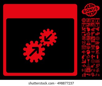 Gears Integration Calendar Page icon with bonus calendar and time management design elements. Vector illustration style is flat iconic symbols, red, black background.