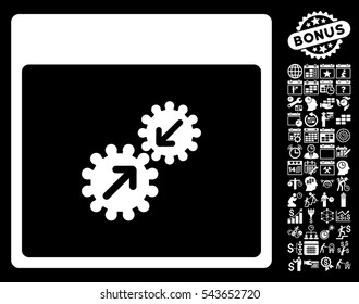 Gears Integration Calendar Page icon with bonus calendar and time management graphic icons. Vector illustration style is flat iconic symbols, white, black background.