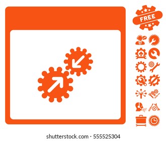 Gears Integration Calendar Page icon with bonus tools images. Vector illustration style is flat iconic symbols, orange, white background.
