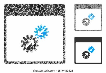 Gears integration calendar page mosaic of tremulant pieces in variable sizes and color tinges, based on gears integration calendar page icon. Vector ragged pieces are united into collage.