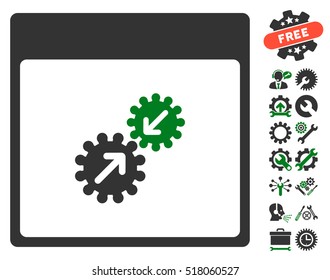 Gears Integration Calendar Page pictograph with bonus configuration design elements. Vector illustration style is flat iconic symbols, green and gray, white background.