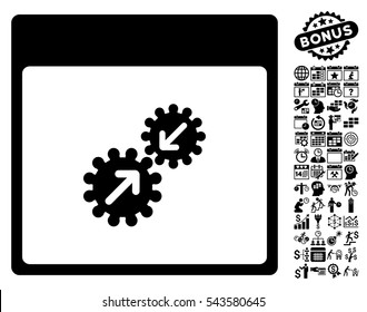 Gears Integration Calendar Page pictograph with bonus calendar and time management design elements. Vector illustration style is flat iconic symbols, black, white background.