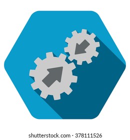 Gears Integration long shadow vector icon. Style is a flat symbol on a colored rounded hexagon button with longshadow.