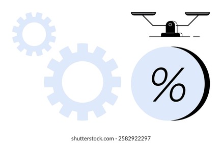 Gears interlock with percentage symbol balanced on a scale, signifying productivity, economics, efficiency, and balance. Ideal for economics, business strategy, productivity, financial planning