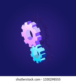 Gears, isometric flat design infographic on colored background