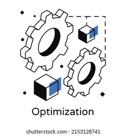 Gears in an isometric icon denoting optimization 

