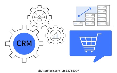 Los engranajes etiquetados como CRM, gráfico de barras, servidores, ícono de Carrito de compras en la burbuja de diálogo representan la integración de CRM con eCommerce. Ideal para estrategias de negocio, gestión de datos, compras en línea, soluciones de TI