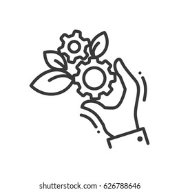 Gears of life - modern vector single line icon. A hand holding two gears that grow out leaves. Represent mechanism, life, fruitful, work and automatism.