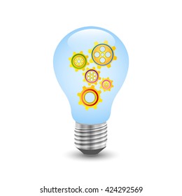 Gears in light bulb. Gears in light bulb icon. Gears in light bulbon a white background. Vector illustration