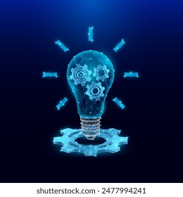 Gears in light bulb polygonal futuristic glowing on cogwheels. Sharing ideas teamwork collaboration effective functioning of the organization. Mechanical machine engineering industry symbol. Vector.