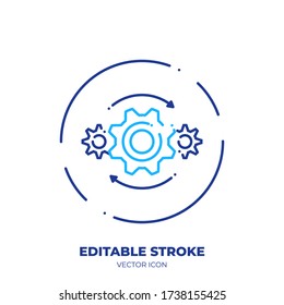 Icono vectorial de la línea de engranajes con trazo editable. Símbolo de contorno del motor de máquina. Pictograma de la industria hecho de ligamento delgado. Aislado en segundo plano.