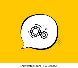 Gears line icon. Comic speech bubble. Teamwork cogwheel sign. Working process symbol. Yellow background with chat bubble. Gears icon. Colorful banner. Vector